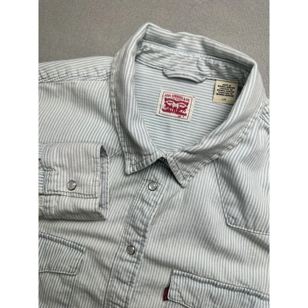 Levi Strauss Western Shirt Womens L Blue White Stripe Pearl Snap Long Sleeve